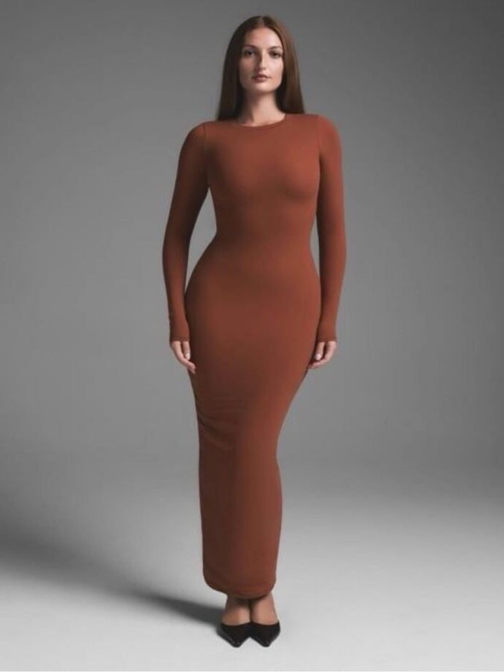 NWT SKIMS Fits Everybody Crew Neck Long Sleeve Dress  in Saffron Sz. M